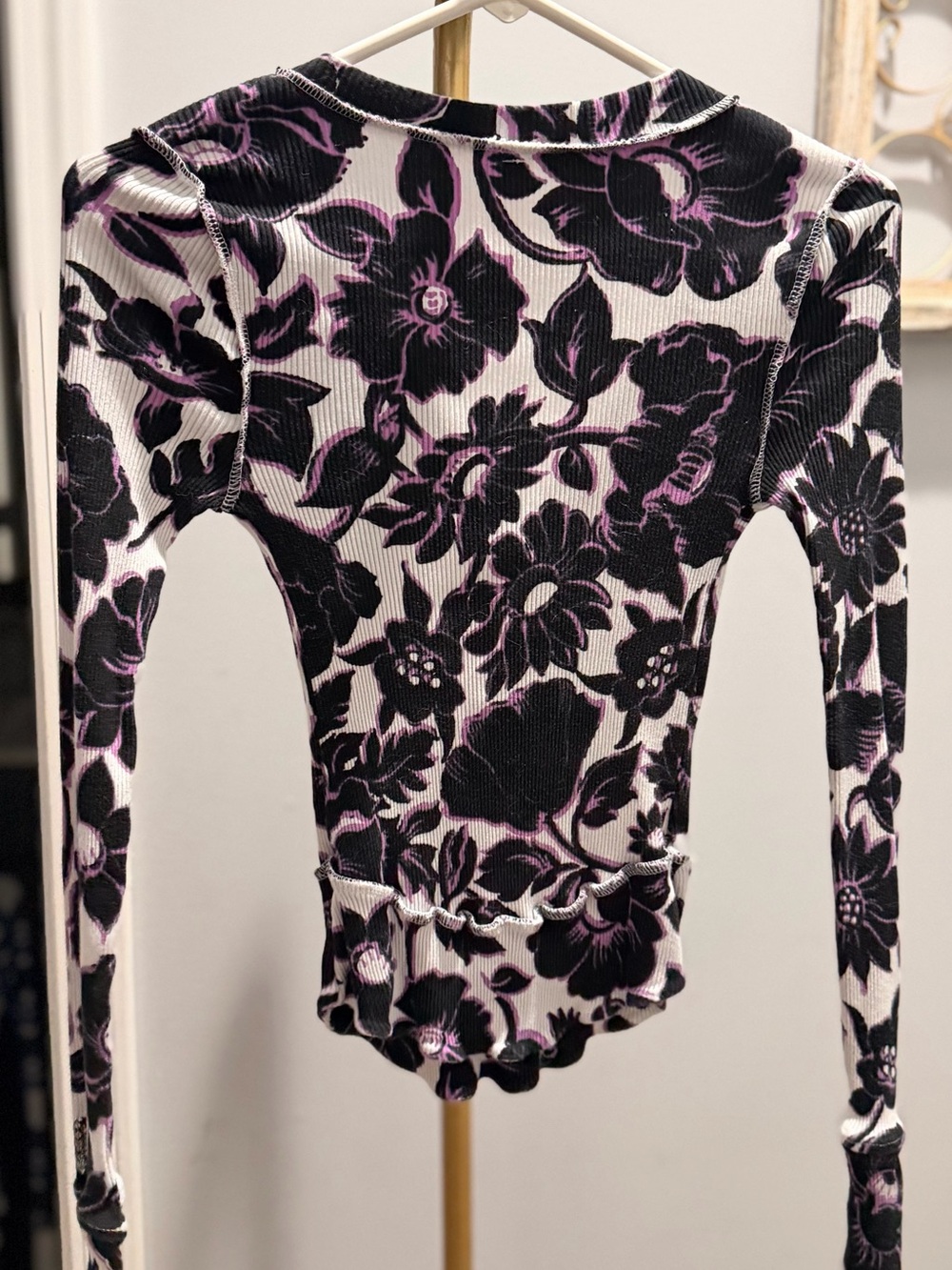Free People Black & Pink Floral Ribbed Henley Long Sleeve Top - Picture 2 of 3